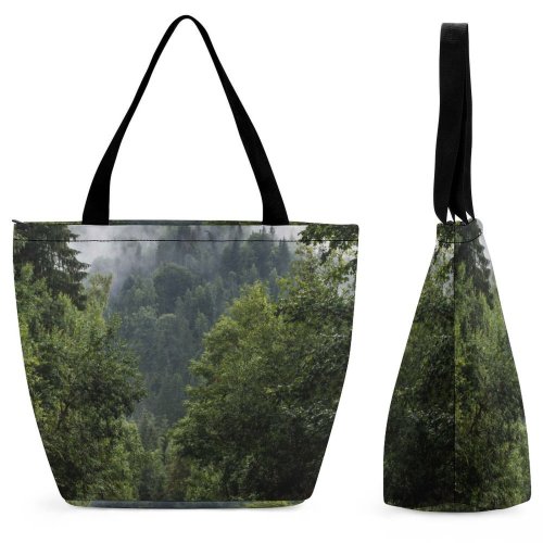 Yanfind Shopping Bag for Ladies Forest Road Bioara Romania Mist Woodland Scenic Rainy Foggy Reusable Multipurpose Heavy Duty Grocery Bag for Outdoors.