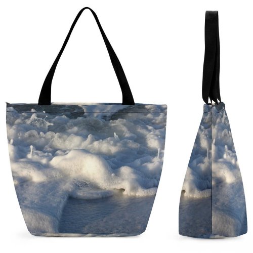 Yanfind Shopping Bag for Ladies Foam Ocean Beach Sand Wave Swell Cloud Sky Cumulus Daytime Reusable Multipurpose Heavy Duty Grocery Bag for Outdoors.