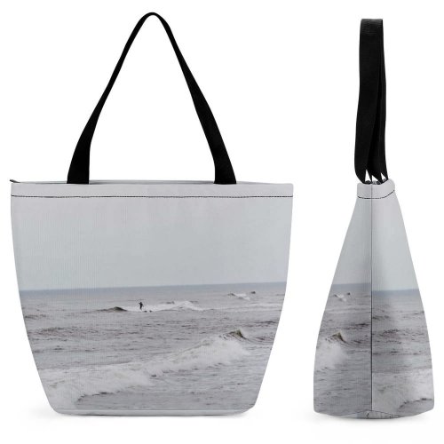 Yanfind Shopping Bag for Ladies Grey Beach Ocean Coast Outdoors Sea Avalon United States Surfer Swim Atlantic Reusable Multipurpose Heavy Duty Grocery Bag for Outdoors.