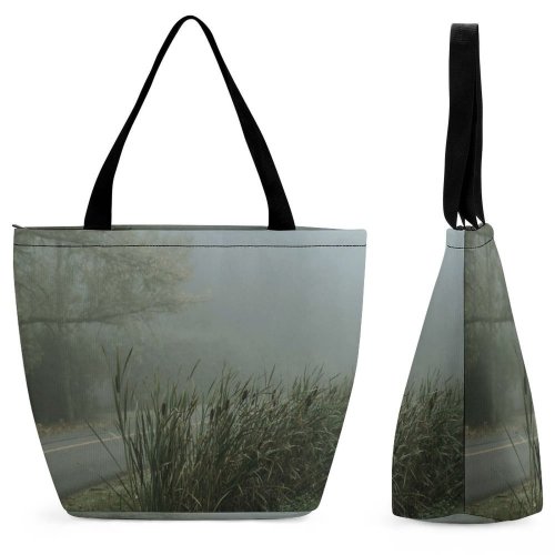 Yanfind Shopping Bag for Ladies Fog Outdoors Mist Grey Spooky Ominous Outside Road Dusk Halloween Creepy Cattails Reusable Multipurpose Heavy Duty Grocery Bag for Outdoors.