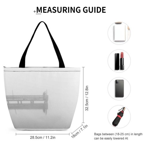 Yanfind Shopping Bag for Ladies Grey Fog Outdoors Building Dock Pier Port Waterfront Mist Fishing Public Reusable Multipurpose Heavy Duty Grocery Bag for Outdoors.