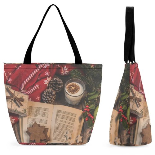 Yanfind Shopping Bag for Ladies Advent Season Milk Cane December Ornaments Pinecones Cinnamon Present Candy Reusable Multipurpose Heavy Duty Grocery Bag for Outdoors.