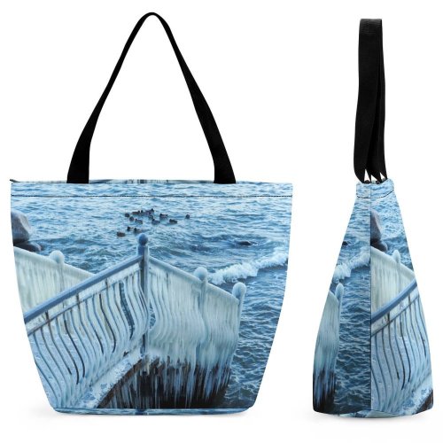 Yanfind Shopping Bag for Ladies Block Sea Winter Travel Snow Sky Frozen Texture Season Landscape Adventure Reusable Multipurpose Heavy Duty Grocery Bag for Outdoors.
