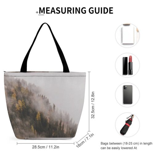 Yanfind Shopping Bag for Ladies Fog Outdoors Tree Mist Plant Abies Fir Autumn Foggy Grey Misty Reusable Multipurpose Heavy Duty Grocery Bag for Outdoors.