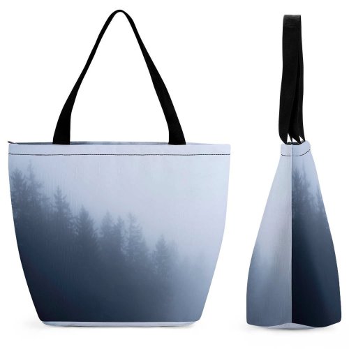 Yanfind Shopping Bag for Ladies Fog Grey Nebel Hintergrund Wald Natur Branches Silhouette HQ Schichten Dunst Mystisch Reusable Multipurpose Heavy Duty Grocery Bag for Outdoors.