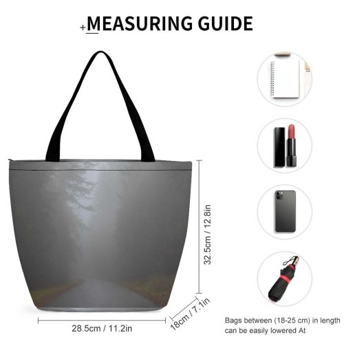 Yanfind Shopping Bag for Ladies Grey Fog Outdoors Mist Road Haze Tree Street Perspective Trip Silhouette Woodland Reusable Multipurpose Heavy Duty Grocery Bag for Outdoors.