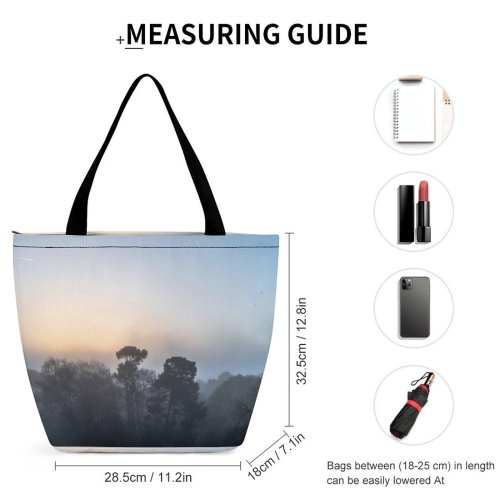 Yanfind Shopping Bag for Ladies Fog Outdoors Mist Sunrise Misty Moody Tree Birds Sky Grey Stock Reusable Multipurpose Heavy Duty Grocery Bag for Outdoors.