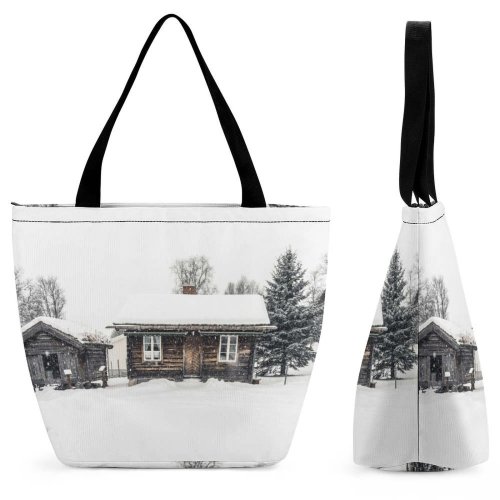 Yanfind Shopping Bag for Ladies Geilo Norway Snow Winter Building Tree Outdoors Grey Cabin Chalet Wooden Flora Reusable Multipurpose Heavy Duty Grocery Bag for Outdoors.