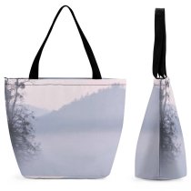 Yanfind Shopping Bag for Ladies Fog Grey Mist Outdoors Foggy Morning Sunrise Simplistic Tree Quiet Peaceful Landscape Reusable Multipurpose Heavy Duty Grocery Bag for Outdoors.