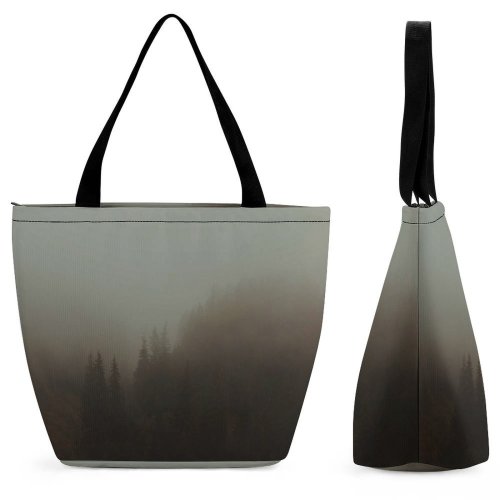 Yanfind Shopping Bag for Ladies Fog Vatra Dornei Romania Woodland Tree Forest Grey Blurry Cloud Mist Reusable Multipurpose Heavy Duty Grocery Bag for Outdoors.