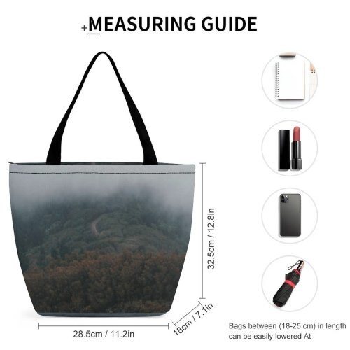 Yanfind Shopping Bag for Ladies Grey Outdoors Fog Mist Tree Trail Hike Cloud Forest Hiking Abies Fir Reusable Multipurpose Heavy Duty Grocery Bag for Outdoors.