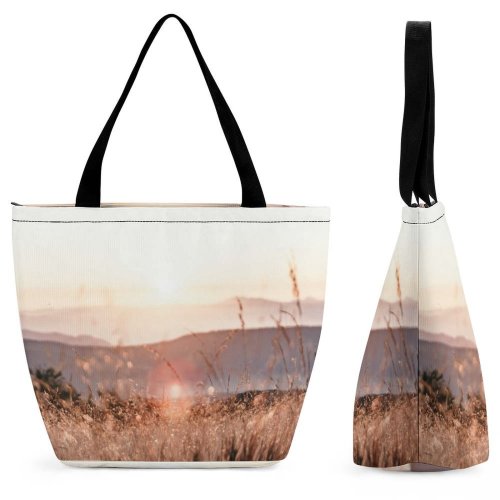 Yanfind Shopping Bag for Ladies Grass Plant Outdoors Romania Sunrise Sky Maramure Sunset Field Grassland Light Reusable Multipurpose Heavy Duty Grocery Bag for Outdoors.