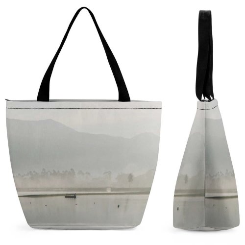 Yanfind Shopping Bag for Ladies Fog Outdoors Grey Mist Birds Boat Transportation Vehicle Tree Lake Landscape Reusable Multipurpose Heavy Duty Grocery Bag for Outdoors.