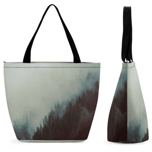 Yanfind Shopping Bag for Ladies Fog Outdoors Mist Art Grey Pines Forest Savoie Plant Tree Stock Reusable Multipurpose Heavy Duty Grocery Bag for Outdoors.