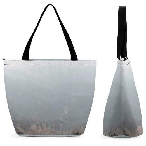 Yanfind Shopping Bag for Ladies Grey Fog Outdoors Landscape Mist Art Scenery Soil Moody Valley Cloudy Reusable Multipurpose Heavy Duty Grocery Bag for Outdoors.