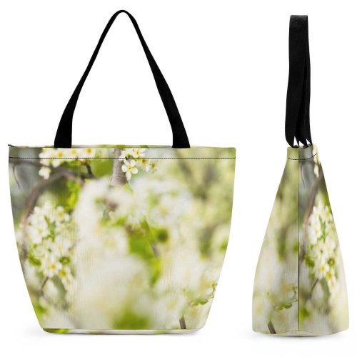 Yanfind Shopping Bag for Ladies Flower Flora Plant Cherry Tree Spring Landscape Depth Field Branch Macro Reusable Multipurpose Heavy Duty Grocery Bag for Outdoors.