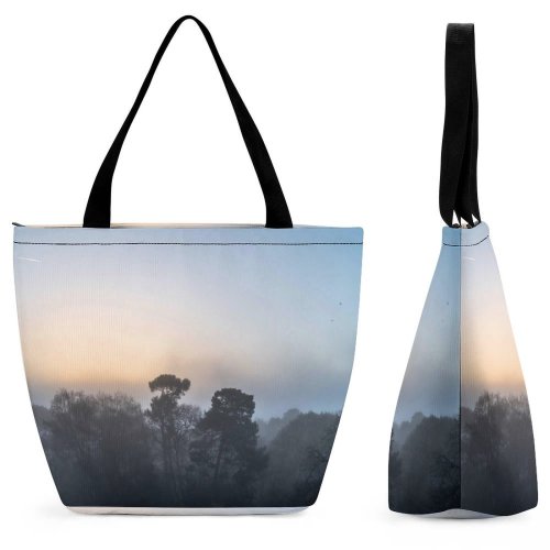 Yanfind Shopping Bag for Ladies Fog Outdoors Mist Sunrise Misty Moody Tree Birds Sky Grey Stock Reusable Multipurpose Heavy Duty Grocery Bag for Outdoors.