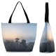 Yanfind Shopping Bag for Ladies Fog Outdoors Mist Sunrise Misty Moody Tree Birds Sky Grey Stock Reusable Multipurpose Heavy Duty Grocery Bag for Outdoors.
