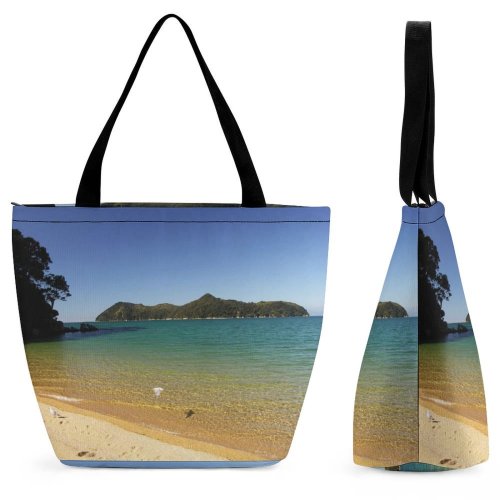 Yanfind Shopping Bag for Ladies Island Sea Lake Beach Sand Trees Seagull Bird Zealand Abel Tasman Deserted Reusable Multipurpose Heavy Duty Grocery Bag for Outdoors.