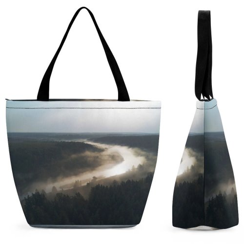 Yanfind Shopping Bag for Ladies Fog Sunrise Nikola-Lenivets Kaluga Oblast Morning Mist River Dawn Dusk Outdoors Sky Reusable Multipurpose Heavy Duty Grocery Bag for Outdoors.