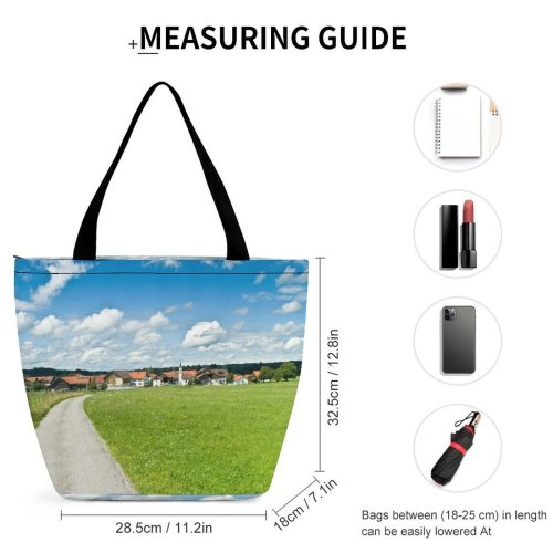 Yanfind Shopping Bag for Ladies German Village Houses Summer Farmers Markoberdorf Grassland Sky Natural Landscape Grass Land Reusable Multipurpose Heavy Duty Grocery Bag for Outdoors.