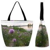 Yanfind Shopping Bag for Ladies Flowers Field Violet River Sunset Spring Flowering Plant Flower Purple Lavender Natural Reusable Multipurpose Heavy Duty Grocery Bag for Outdoors.