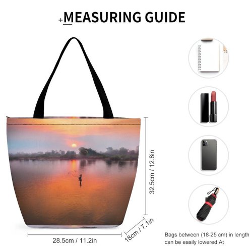 Yanfind Shopping Bag for Ladies Afterglow Scenery Sunset Ripples Peaceful Sunrise Tranquil Outdoors Scenic Idyllic Fishing Lake Reusable Multipurpose Heavy Duty Grocery Bag for Outdoors.
