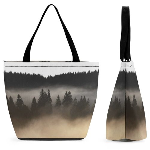 Yanfind Shopping Bag for Ladies Fog Holbav Romania Forest Tree Outdoors Mist Landscape Cloud Wood Evergreen Cloudy Reusable Multipurpose Heavy Duty Grocery Bag for Outdoors.