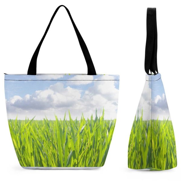 Yanfind Shopping Bag for Ladies Grassland Hayfield Meadow Countryside Blade Grass Graminaceous Gramineous Sky Herbage Summertime Reusable Multipurpose Heavy Duty Grocery Bag for Outdoors.