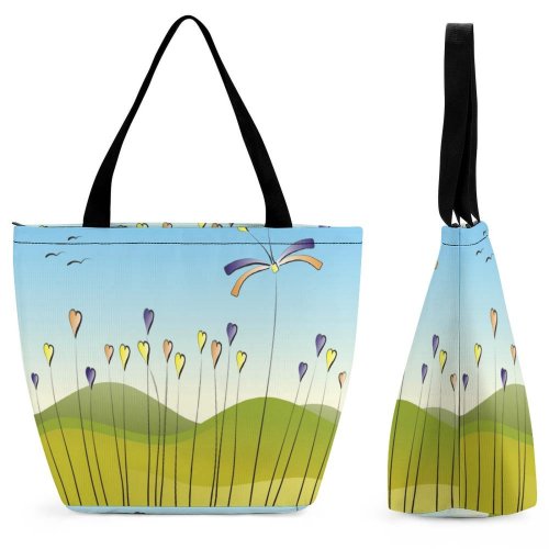 Yanfind Shopping Bag for Ladies Grassland Fairyland Meadow Tale Story Heart Flower Grass Hill Wonderland Bird Landscape Reusable Multipurpose Heavy Duty Grocery Bag for Outdoors.