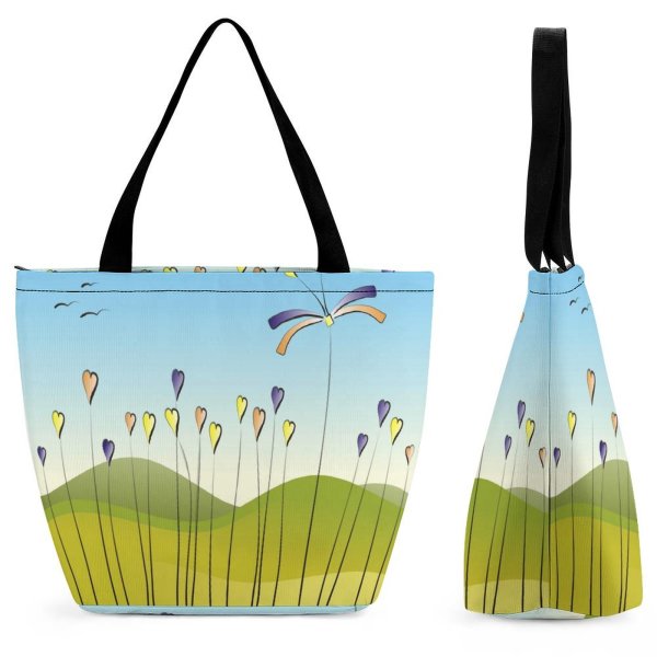 Yanfind Shopping Bag for Ladies Grassland Fairyland Meadow Tale Story Heart Flower Grass Hill Wonderland Bird Landscape Reusable Multipurpose Heavy Duty Grocery Bag for Outdoors.