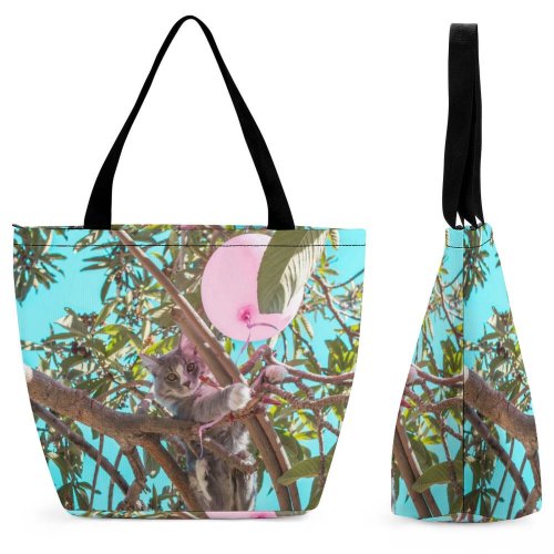 Yanfind Shopping Bag for Ladies Young Tree Kitty Outdoors Balloon Shot Tabby Garden Wood Cute Little Branch Reusable Multipurpose Heavy Duty Grocery Bag for Outdoors.
