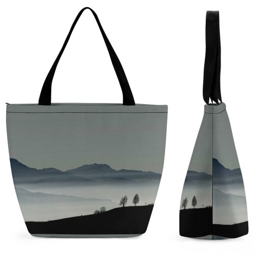 Yanfind Shopping Bag for Ladies Grey Outdoors Fog Mist Landscape Hirzel Suiza Range Panoramic Scenery Contrast Reusable Multipurpose Heavy Duty Grocery Bag for Outdoors.