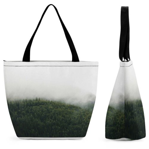 Yanfind Shopping Bag for Ladies Fog Norway Grey Mist Tree Hemsedal Cloud Forest Landscape Plant Flora Conifer Reusable Multipurpose Heavy Duty Grocery Bag for Outdoors.