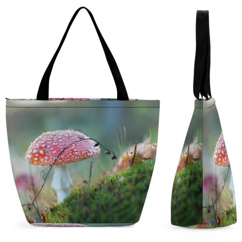 Yanfind Shopping Bag for Ladies Fungus Eelde Netherlands Toadstool Mushroom Fungi Leaves Plant Flora Autumn Reusable Multipurpose Heavy Duty Grocery Bag for Outdoors.
