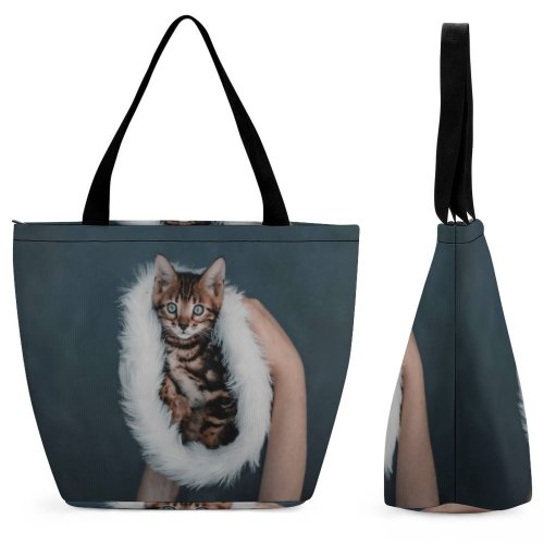Yanfind Shopping Bag for Ladies Young Pretty Stripe Pet Whisker Downy Fur Tabby Wildlife Reusable Multipurpose Heavy Duty Grocery Bag for Outdoors.