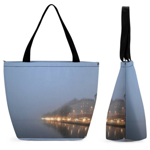 Yanfind Shopping Bag for Ladies Fog Outdoors Copenhagen Denmark Mist City Grey Light Embankment Reflections Architecture Building Reusable Multipurpose Heavy Duty Grocery Bag for Outdoors.