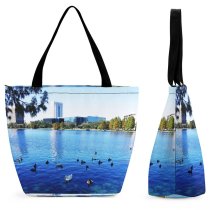 Yanfind Shopping Bag for Ladies Park Birds Trees Sky Reflection Daytime Lake Duck Natural Landscape Bird Reusable Multipurpose Heavy Duty Grocery Bag for Outdoors.