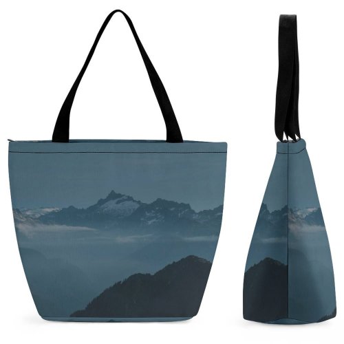 Yanfind Shopping Bag for Ladies Grey Range Outdoors Peak Fog Countryside Scenery Stock Reusable Multipurpose Heavy Duty Grocery Bag for Outdoors.