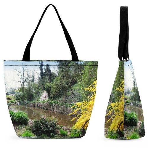 Yanfind Shopping Bag for Ladies Garden Spring Flowers Trees Beck Flora Reeds Reflection Natural Landscape Vegetation Reusable Multipurpose Heavy Duty Grocery Bag for Outdoors.