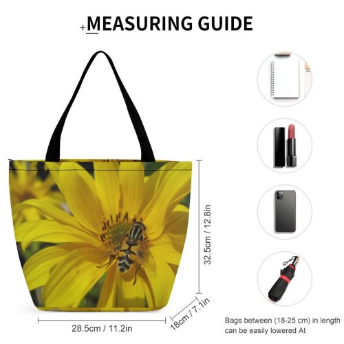 Yanfind Shopping Bag for Ladies Honeybee Bee Flower Garden Summer Insect Plant Petal Pollen Flowering Reusable Multipurpose Heavy Duty Grocery Bag for Outdoors.