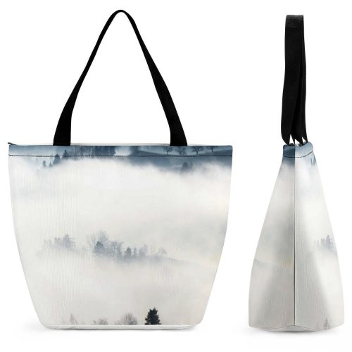 Yanfind Shopping Bag for Ladies Fog Outdoors Mist Hirzel Schweiz Forest Landscape Mysterious Mystical Tree Cloud Light Reusable Multipurpose Heavy Duty Grocery Bag for Outdoors.
