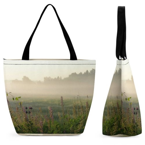 Yanfind Shopping Bag for Ladies Fog Field Morning Scandinavia Lupines Atmospheric Mist Vegetation Natural Landscape Haze Plant Reusable Multipurpose Heavy Duty Grocery Bag for Outdoors.