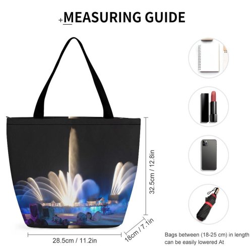 Yanfind Shopping Bag for Ladies Fountain Night Light Display Fireworks Landmark Lighting Feature Architecture Sky Reusable Multipurpose Heavy Duty Grocery Bag for Outdoors.