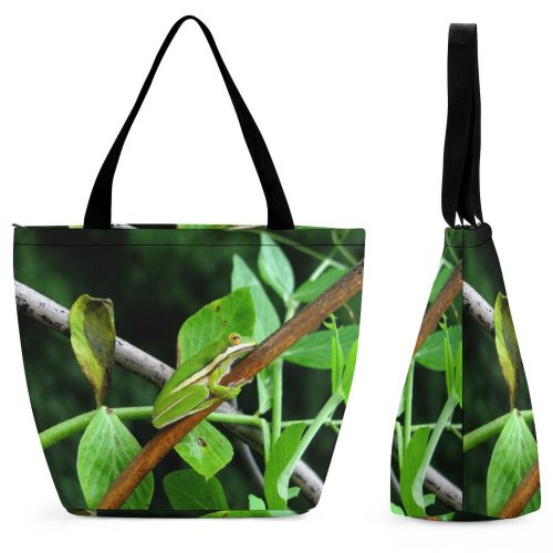 Yanfind Shopping Bag for Ladies Frog Amphibian Wildlife Plant Bud Flora Flower Sprout Winder United States Reusable Multipurpose Heavy Duty Grocery Bag for Outdoors.