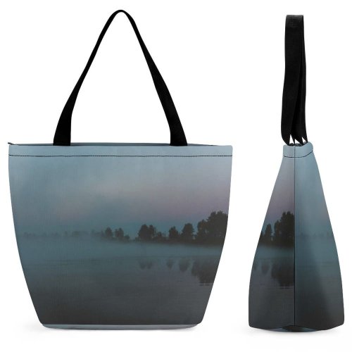 Yanfind Shopping Bag for Ladies Grey Fog Outdoors Berezina Belarus Mist Adventure Tree Early Morning Landscape Lake Reusable Multipurpose Heavy Duty Grocery Bag for Outdoors.