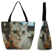 Yanfind Shopping Bag for Ladies Young Pet Funny Kitten Portrait Curiosity Cute Little Staring Sit Cat Reusable Multipurpose Heavy Duty Grocery Bag for Outdoors.