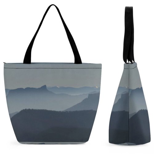 Yanfind Shopping Bag for Ladies Horizon Forestry Sky Mountainous Landforms Atmospheric Hill Range Highland Ridge Mist Reusable Multipurpose Heavy Duty Grocery Bag for Outdoors.