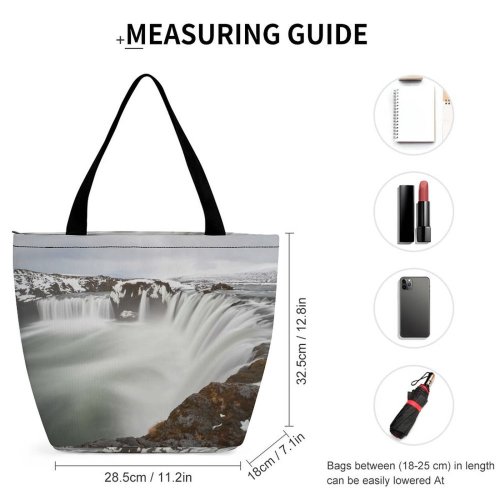 Yanfind Shopping Bag for Ladies Grey Iceland Snow Goeafoss Sightseeing Outdoors Waterfall March Rock Reusable Multipurpose Heavy Duty Grocery Bag for Outdoors.