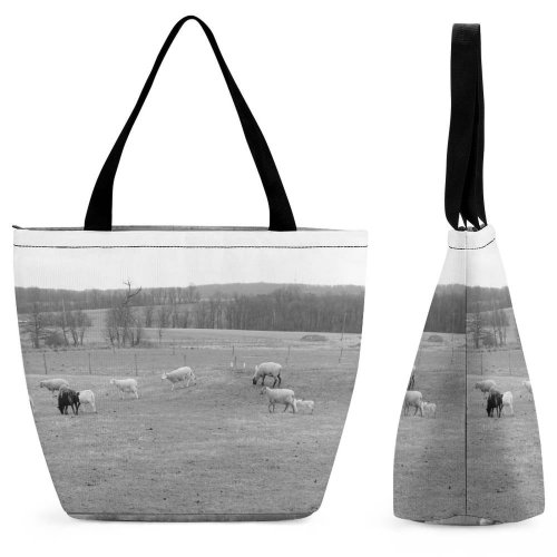 Yanfind Shopping Bag for Ladies Grey Field Grassland Outdoors Sheep Countryside Farm Grazing Meadow Pasture Ranch Rural Reusable Multipurpose Heavy Duty Grocery Bag for Outdoors.
